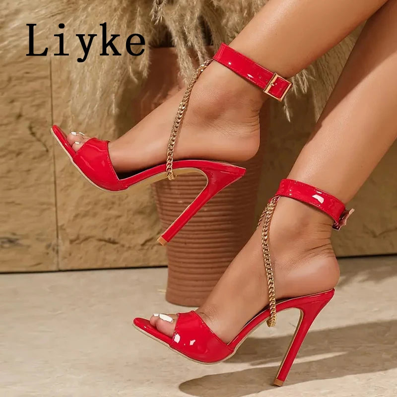 Metal Chain Buckle Strap Open Toe Sandals for Women