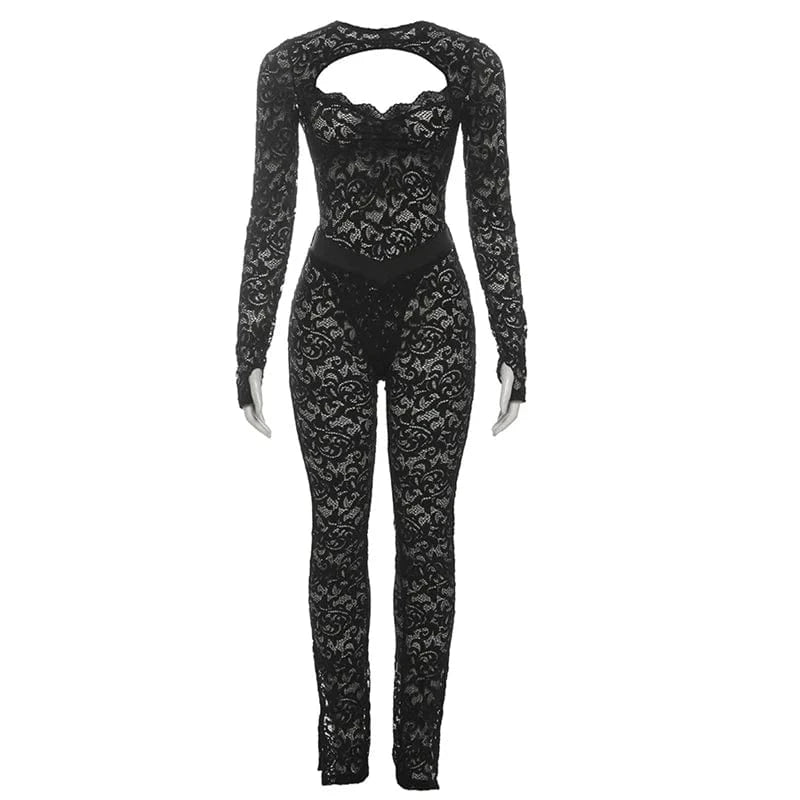 Weird Puss See Through 2 Piece Set Women Sexy  Hollow Jacquard Backless Bodysuit+Leggings Tight Activity Clubwear Skinny Outfits