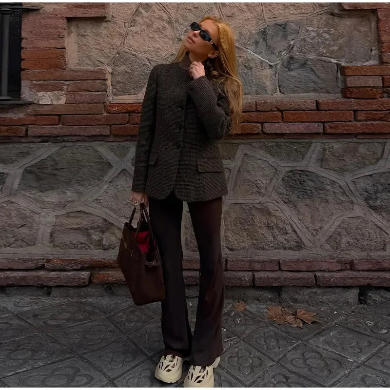 Elegant Grid Stand Collar Loose Single Breasted Woolen Coat for Women