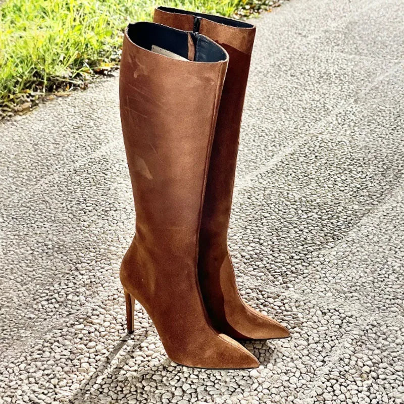 Sleek Suede Pointed Toe Side Zip Knee High Boots For Women