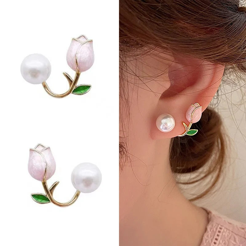 Pearl Tulip Enamel Stud Earrings With Zircon Drops for Women