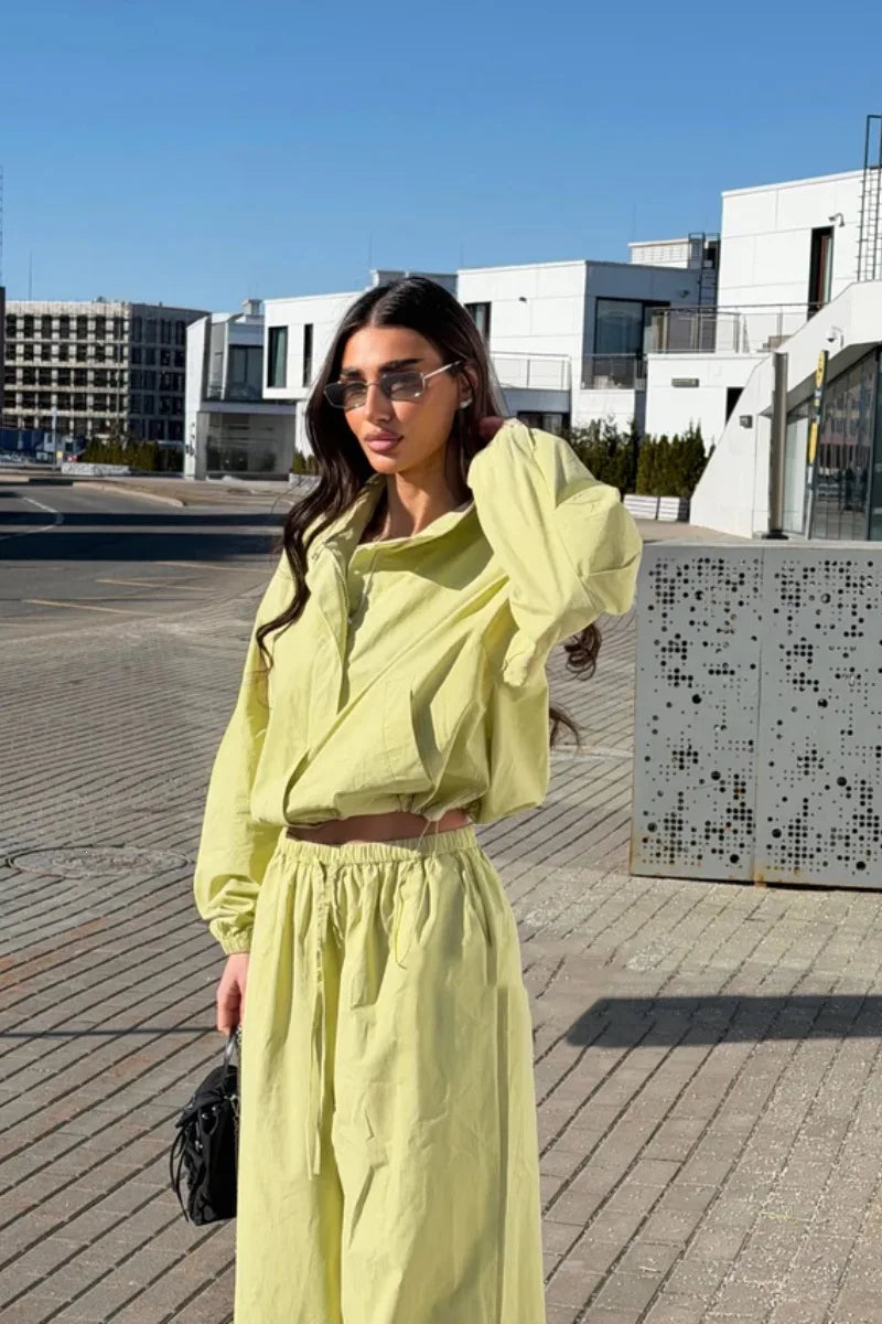 Lace Up Stand Collar Wide Leg Two Piece Set for Women