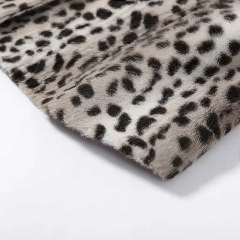 Leopard Print Faux Fur Single Breasted Crop Jacket for Women