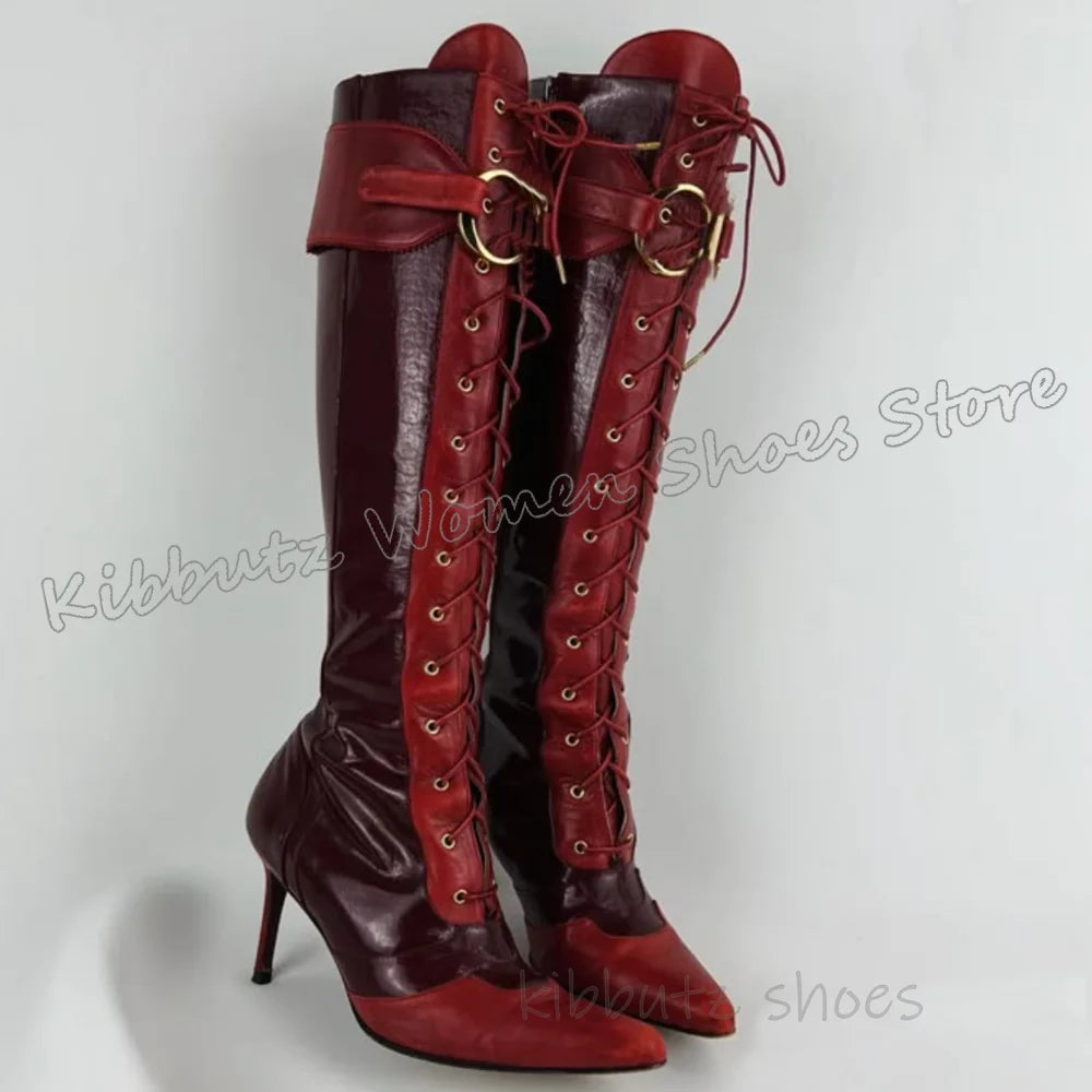 Leopard Knee High Boots Belt Buckle Lace-Up Pointy Thin Heels Luxury Elegant Concise Sexy Fashion Novelty Mixed Color Shoes New