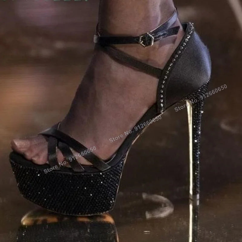 Yellow Crystal Rivet Peep Toe Platform Stiletto Sandals For Women