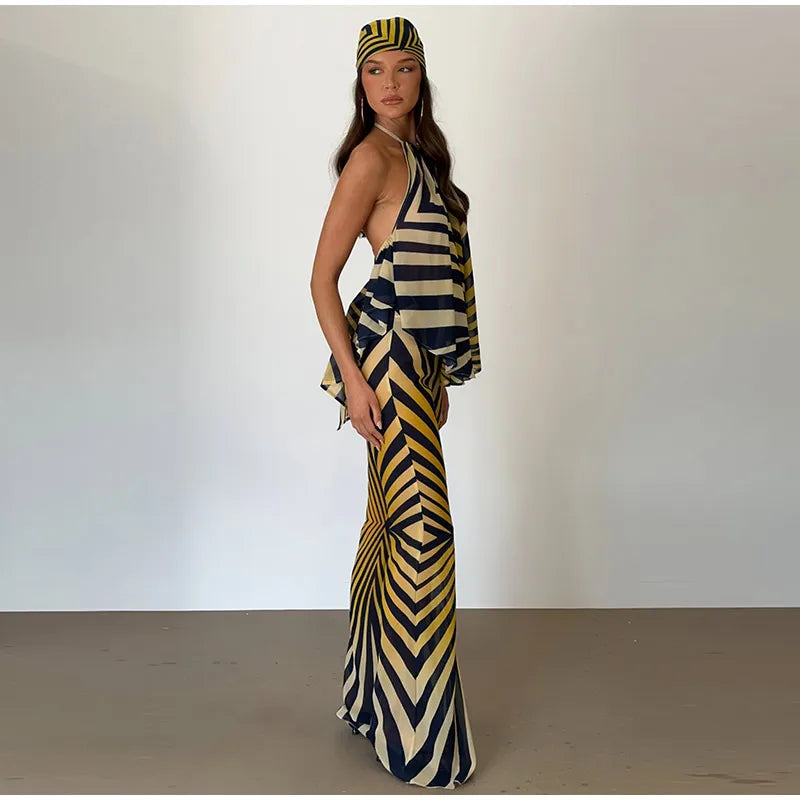 Retro Geometric Stripe Two Piece Set With Halter Top And Flare Pants for Women