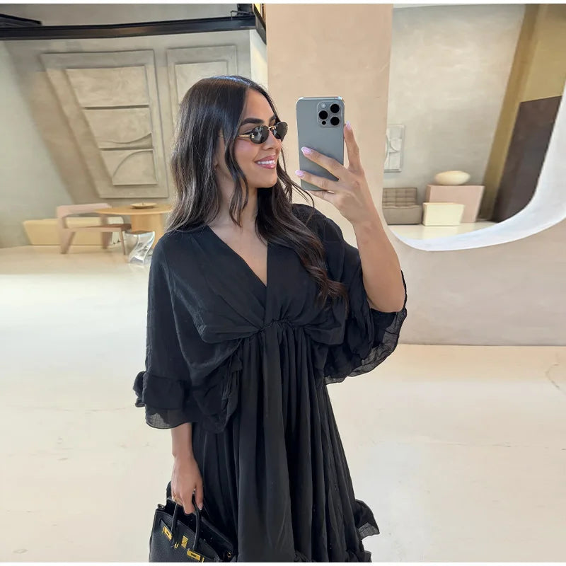 Ruffled V Neck Pleated Ankle Length Dress for Women