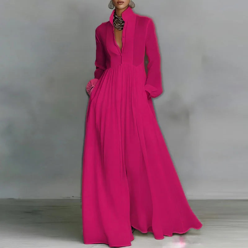 Elegant High Waist Pleated Long Sleeve Maxi Dress for Women