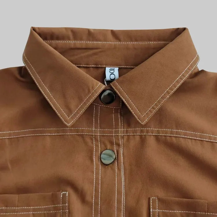 Women Lapel Collar Long Sleeves Contrast Stitch Pocket Belted Midi Dresses Elegant Vintage Casual Office Workwear Shirt Dress