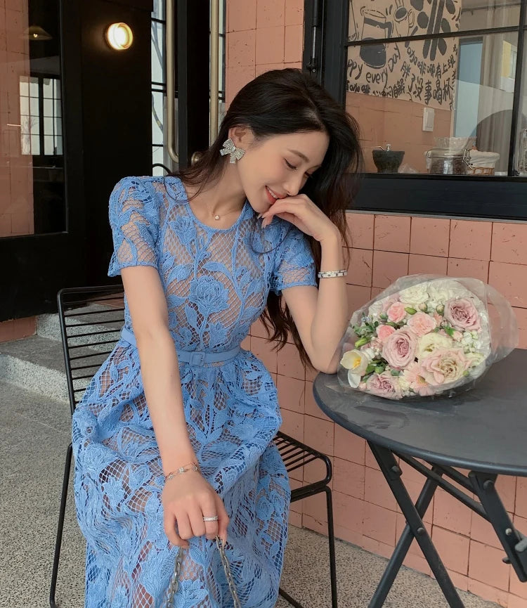 High-end Blue Heavy Lace Hollow Round Neck Short Sleeve Women's Summer Dresses New Elegant High Waist Slim Long Party Dress