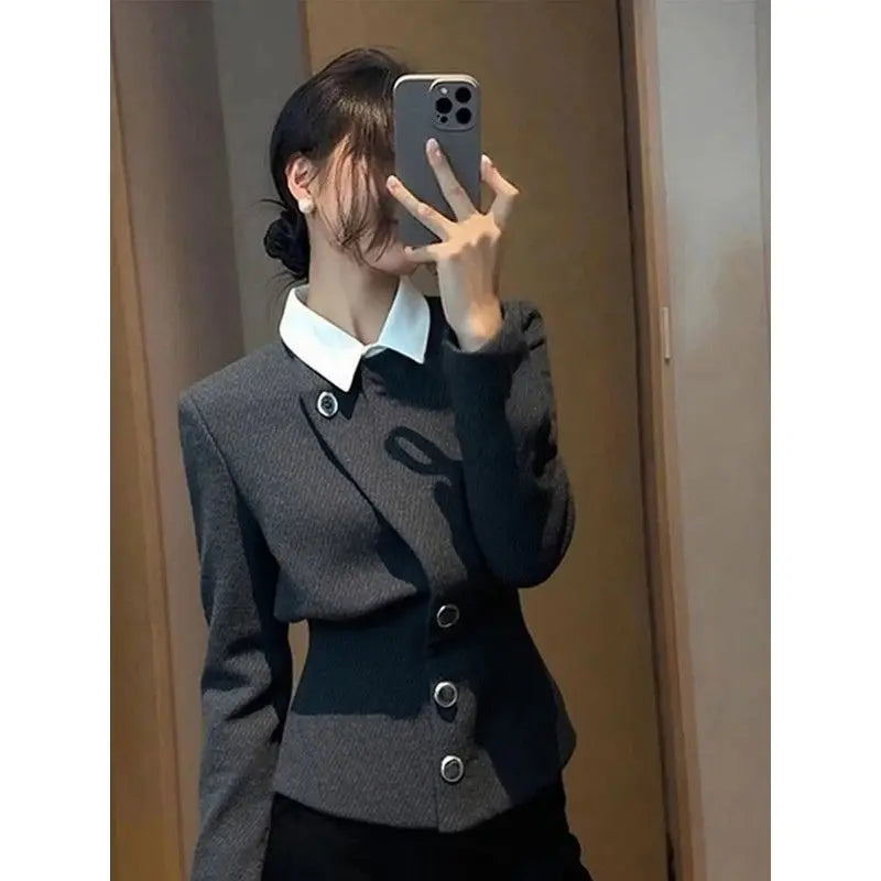 Grey Faux Two Piece Button Detail Casual Coat For Women