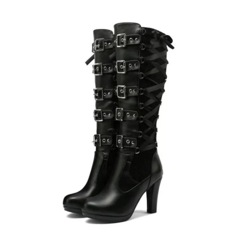 Lace Up Chunky High Heel Mid Calf Boots for Women