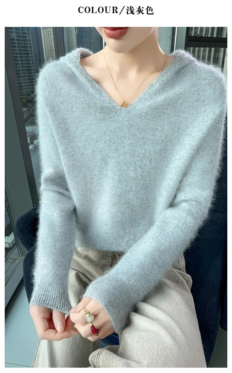 Loose Fit Thick Knit Hooded V-Neck Sweater for Women