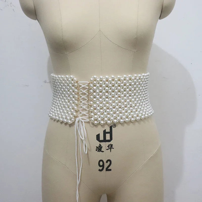 Pearl Rhinestone Elastic Waist Chain Belt for Women