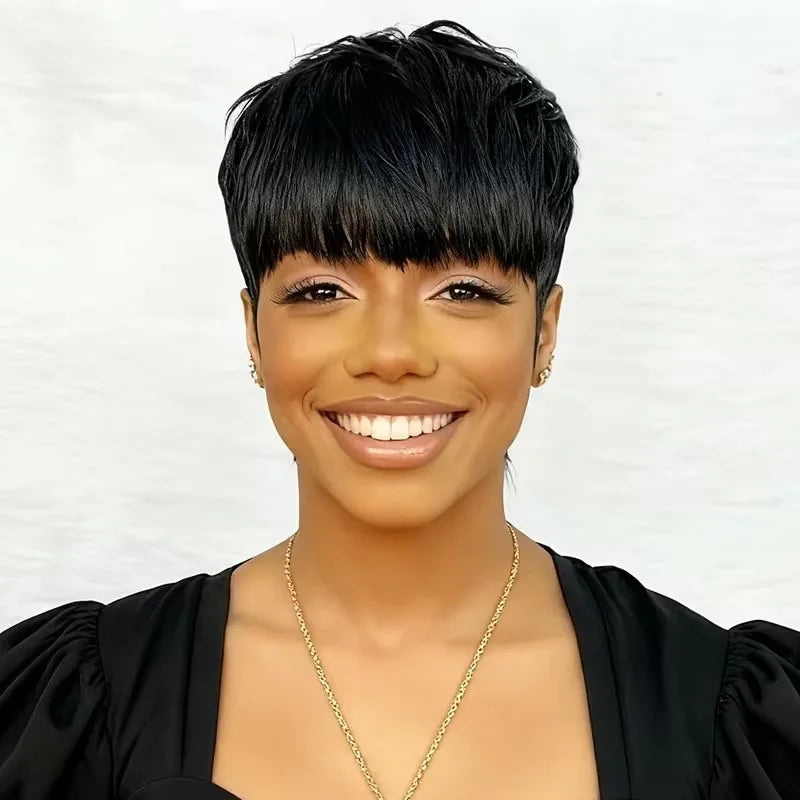 Straight Black Short Layered Pixie Wig Human Hair For Women