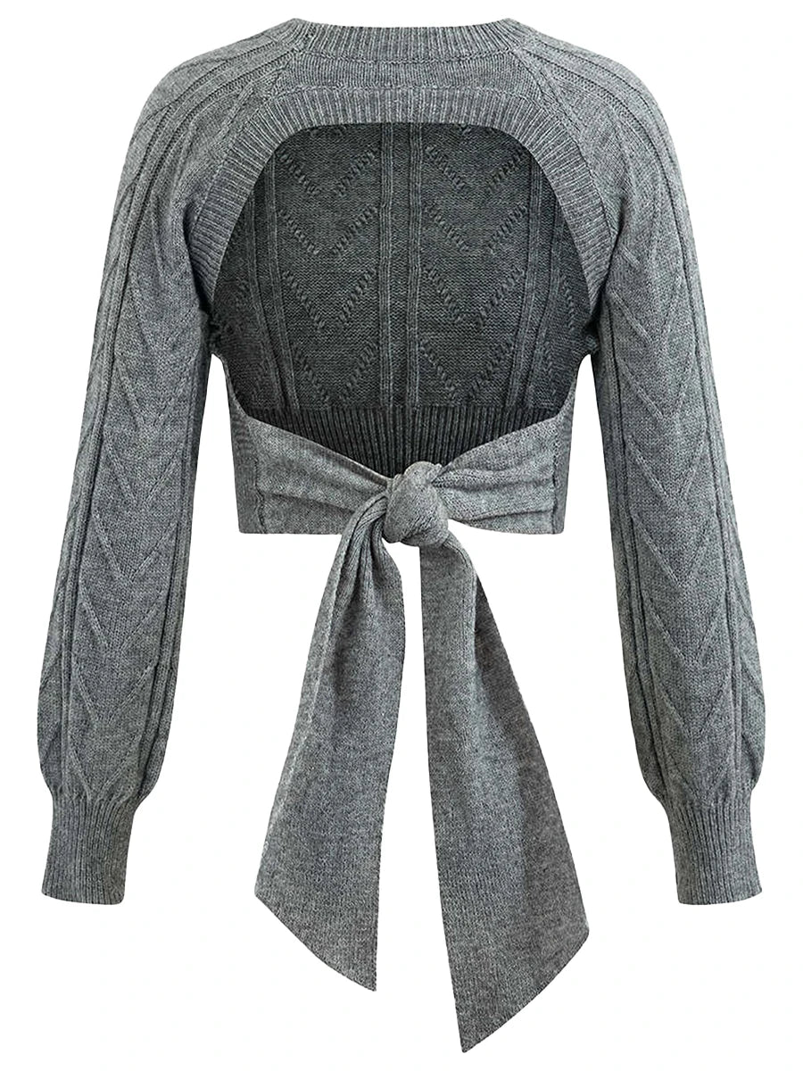Women'S Knitted Sweater With Backless Lace Up Round Neck Long Sleeved Crop Top  Casual Streetwear  Bow Knit Sweater