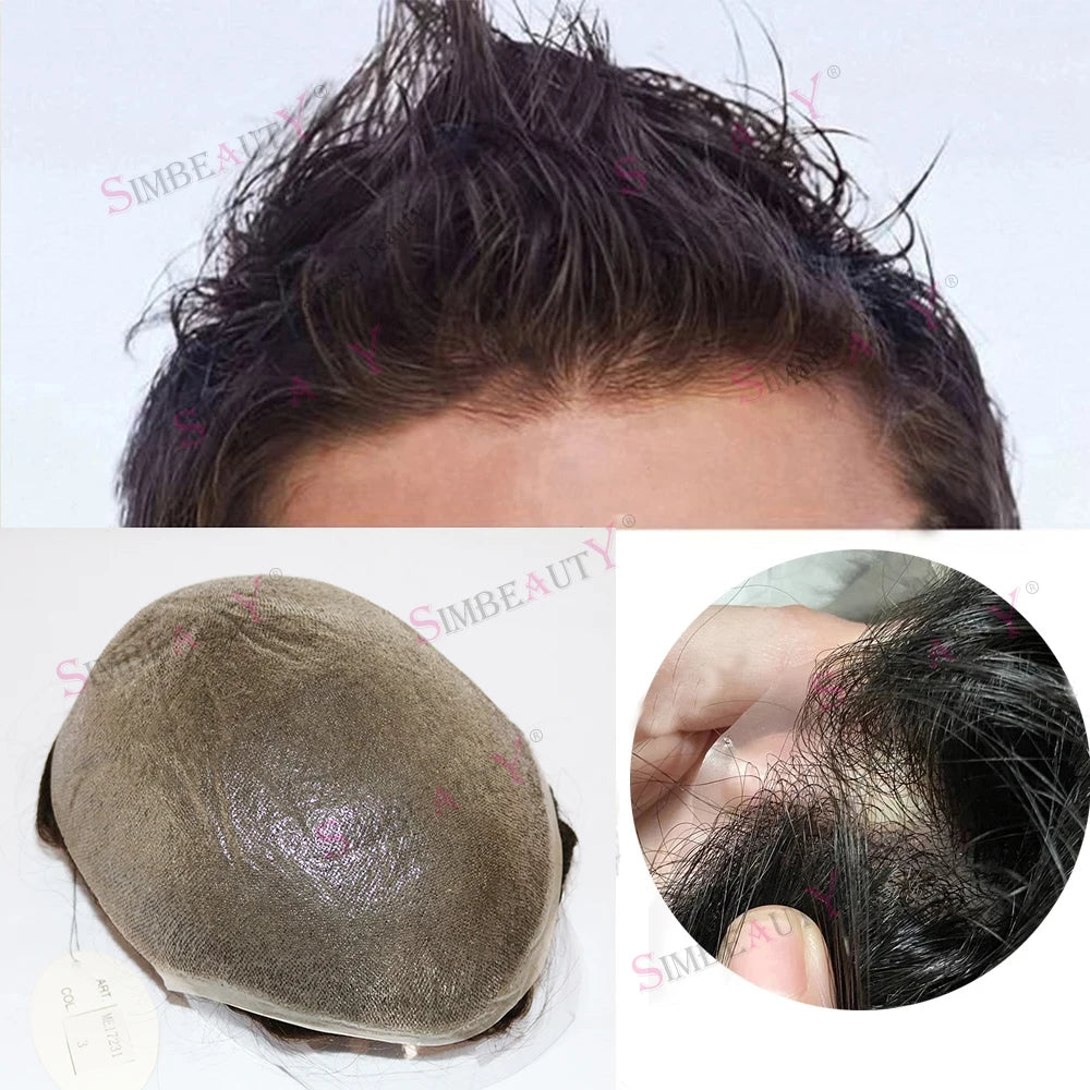 Ultra Thin V Loop Human Hair Toupee With Natural Hairline for Men