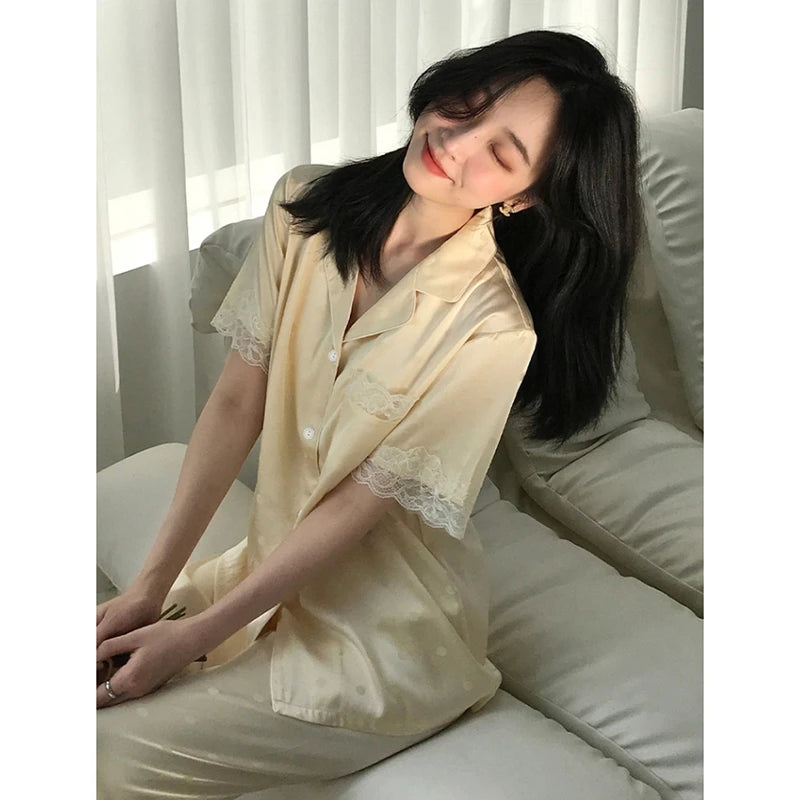 Y2k Pink Sweet Dot Lace Jacquard Women Pajamas French Romantic Lazy Lady Nightgown 2024 New Summer Korean Harajuku Home 2pc Set
