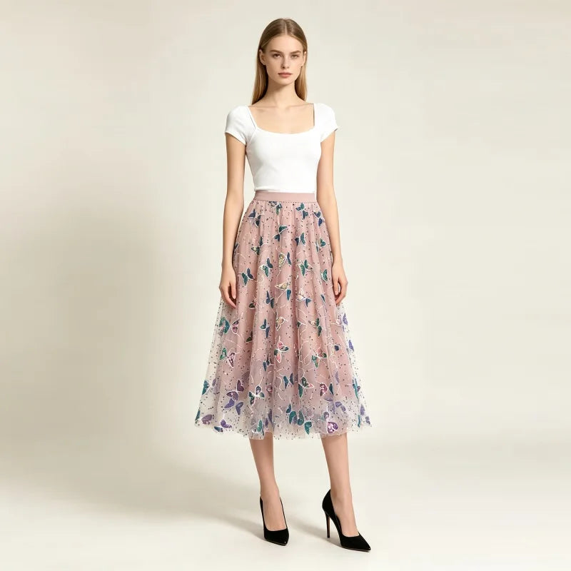 Pink Tulle High Waist Iridescent Sequin Butterfly Embroidery Skirt for Women