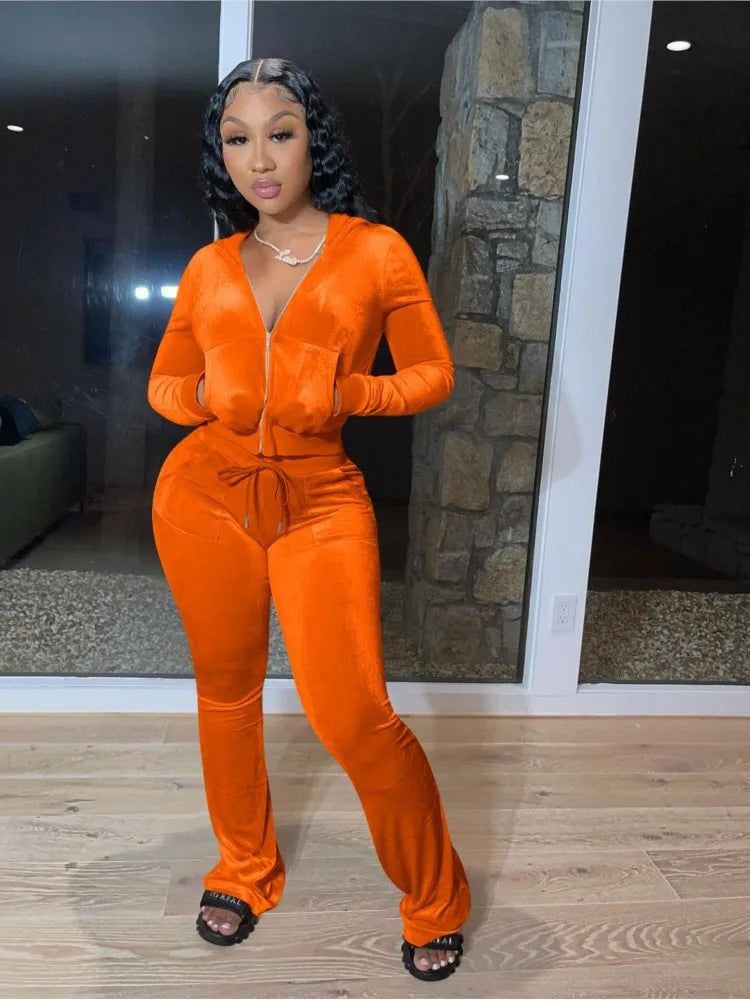 Hooded Zip Top And High Waist Pants Outfit Set for Women