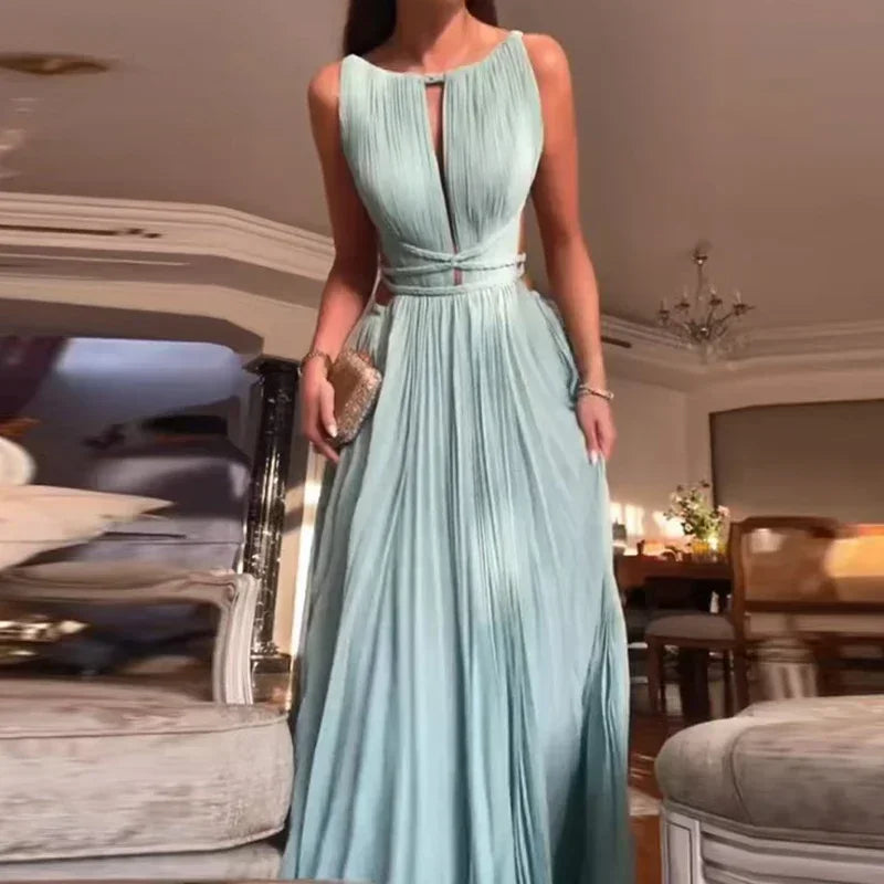 O-Neck High Waist Pleated Long Sleeveless Dress for Women