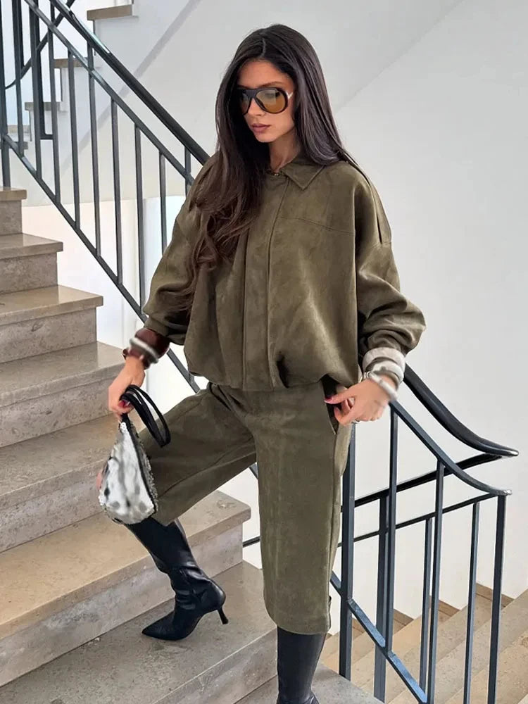 Retro Suede with Zipper Short Jacket Set for Women