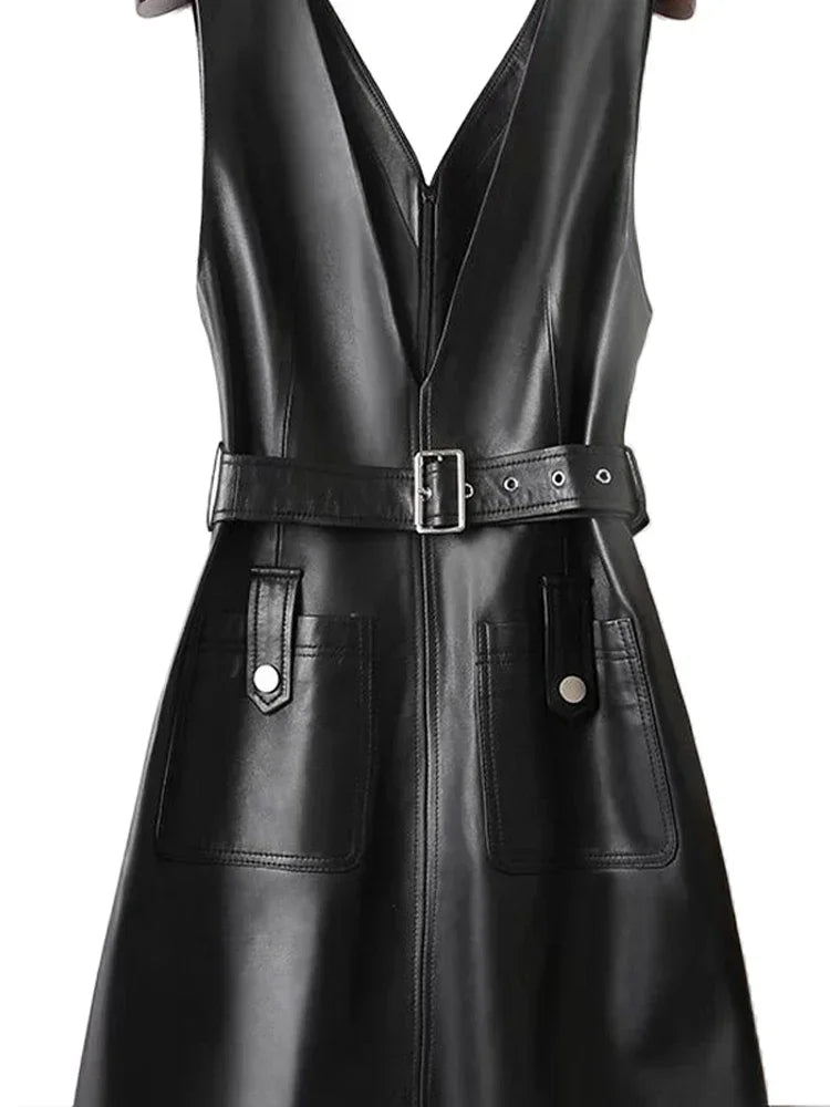 Elegant Sleeveless V Neck Leather Mini Dress With Belt For Women