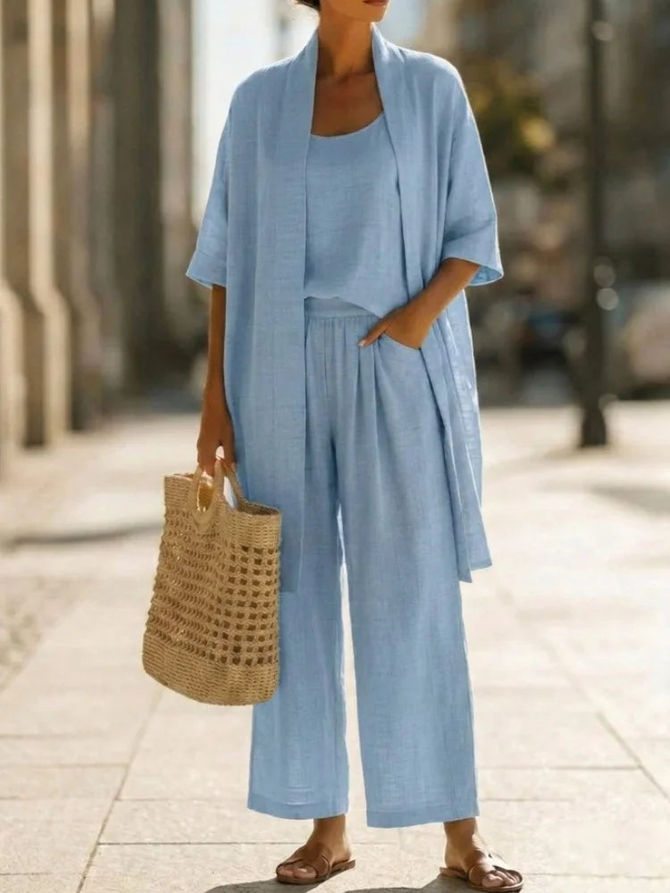Casual Solid Cotton Linen Wide Leg Three Piece Set for Women