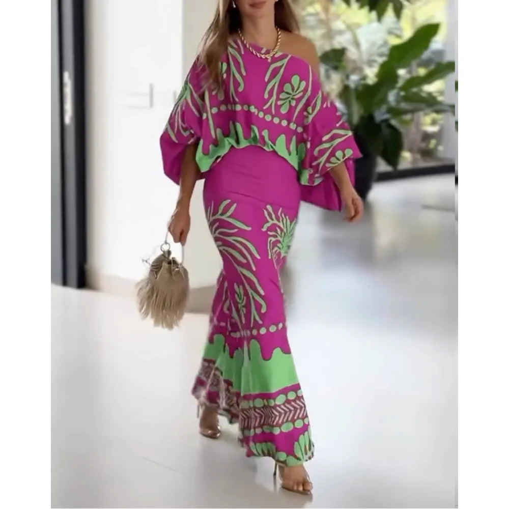 Women's 2 Pieces Outfit Tropical Print Lantern Sleeve Cold Shoulder Loose Top and Casual High Waist Fishtail Maxi Skirt Set
