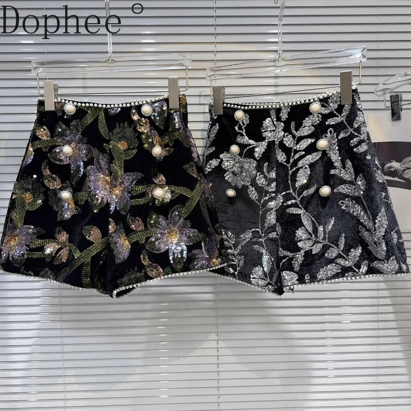 Sequined Embroidered Velvet Shorts
