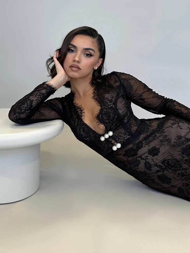 V Neck Long Sleeve Lace Black Evening Maxi Dress for Women