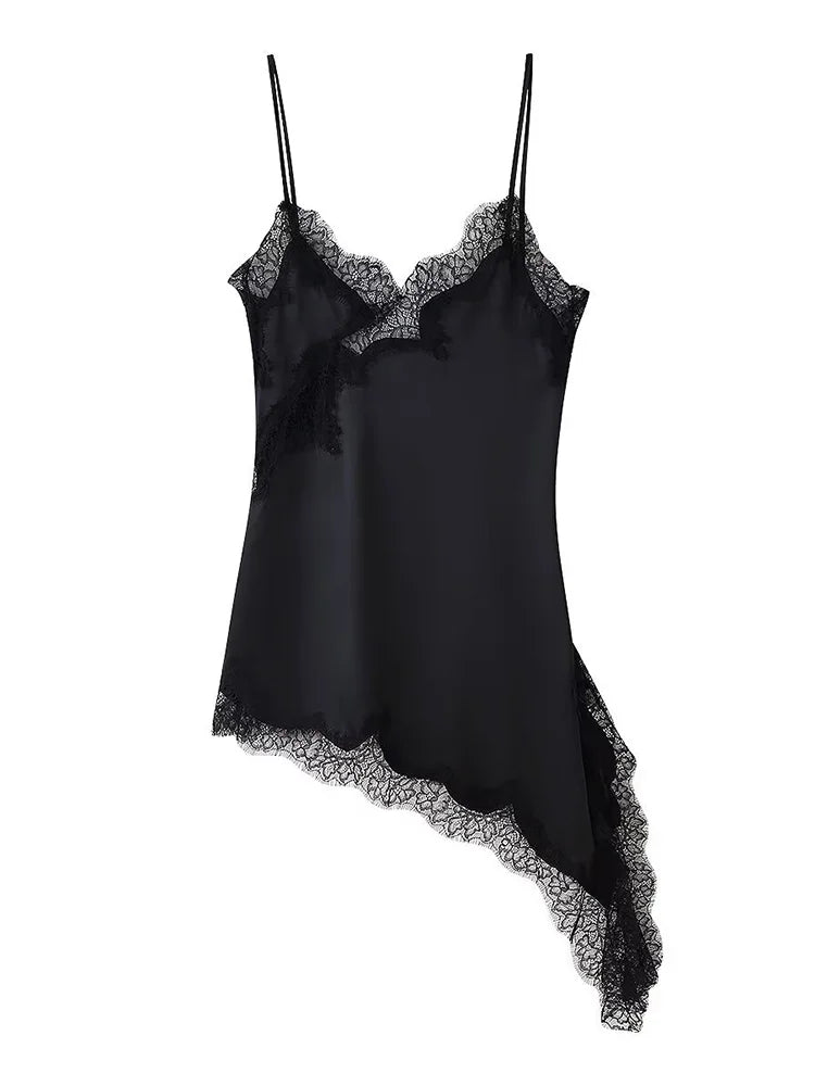 Brown Satin Lace Splicing Sling Dress Women Elegant Irregular Hem V Neck Backless Sleeveless Gown Chic Women Party Club Vestidos