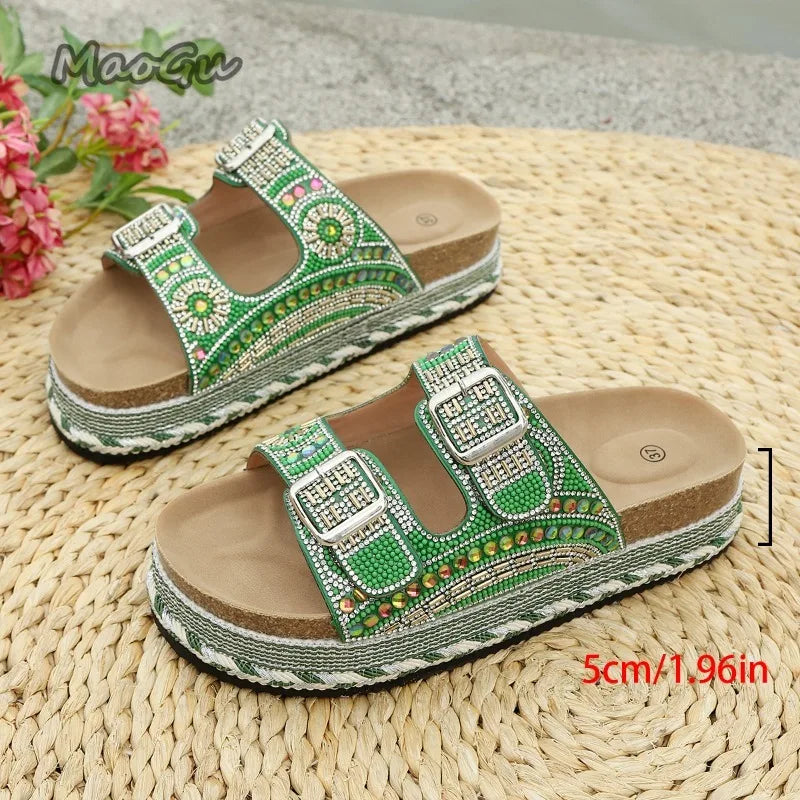 Bohemian Rhinestone Embroidered Platform Sandals For Women