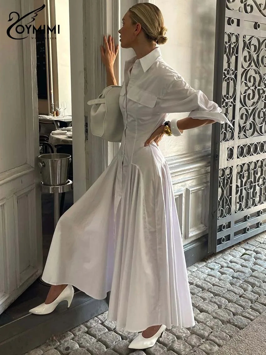 Oymimi Elegant White Lapel Women's Dress Fashion Three Quarter Sleeve Pockets Dresses Casual Button Pleated Ankle-Length Dresses