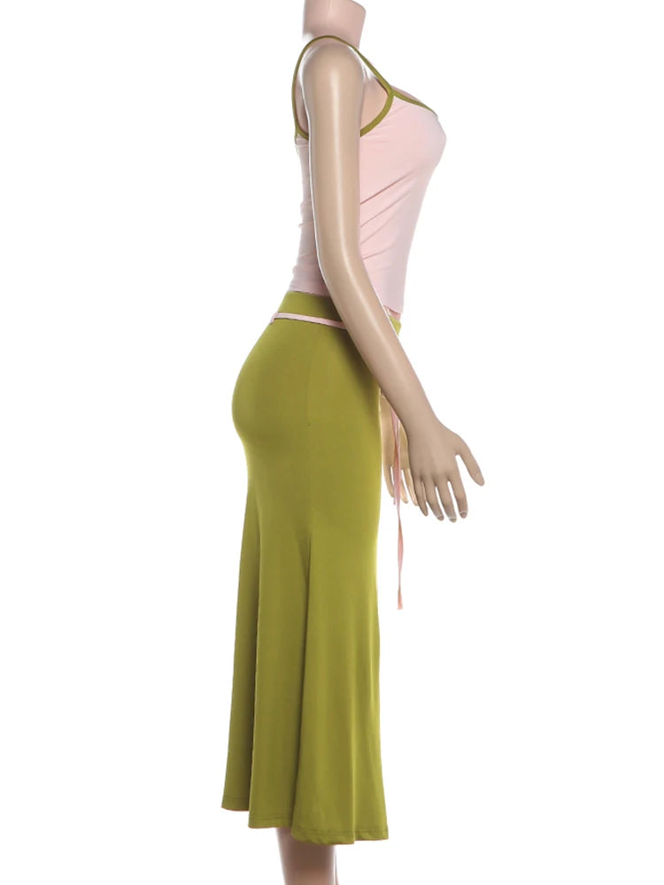 Color Blocking Backless Camisoles and Ribbon Long Skirts Two Piece Set for Women