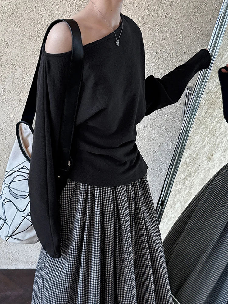 Black Pleated Asymmetrical Collar Sweatshirt for Women