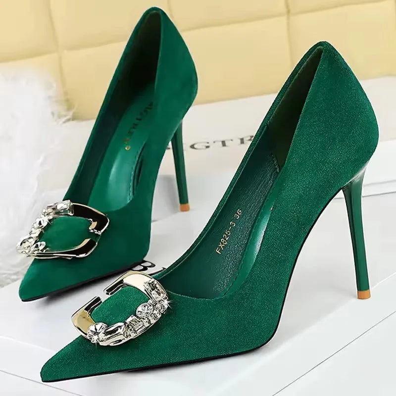 Elegant Rhinestone Buckle Suede High Heel Pumps for Women