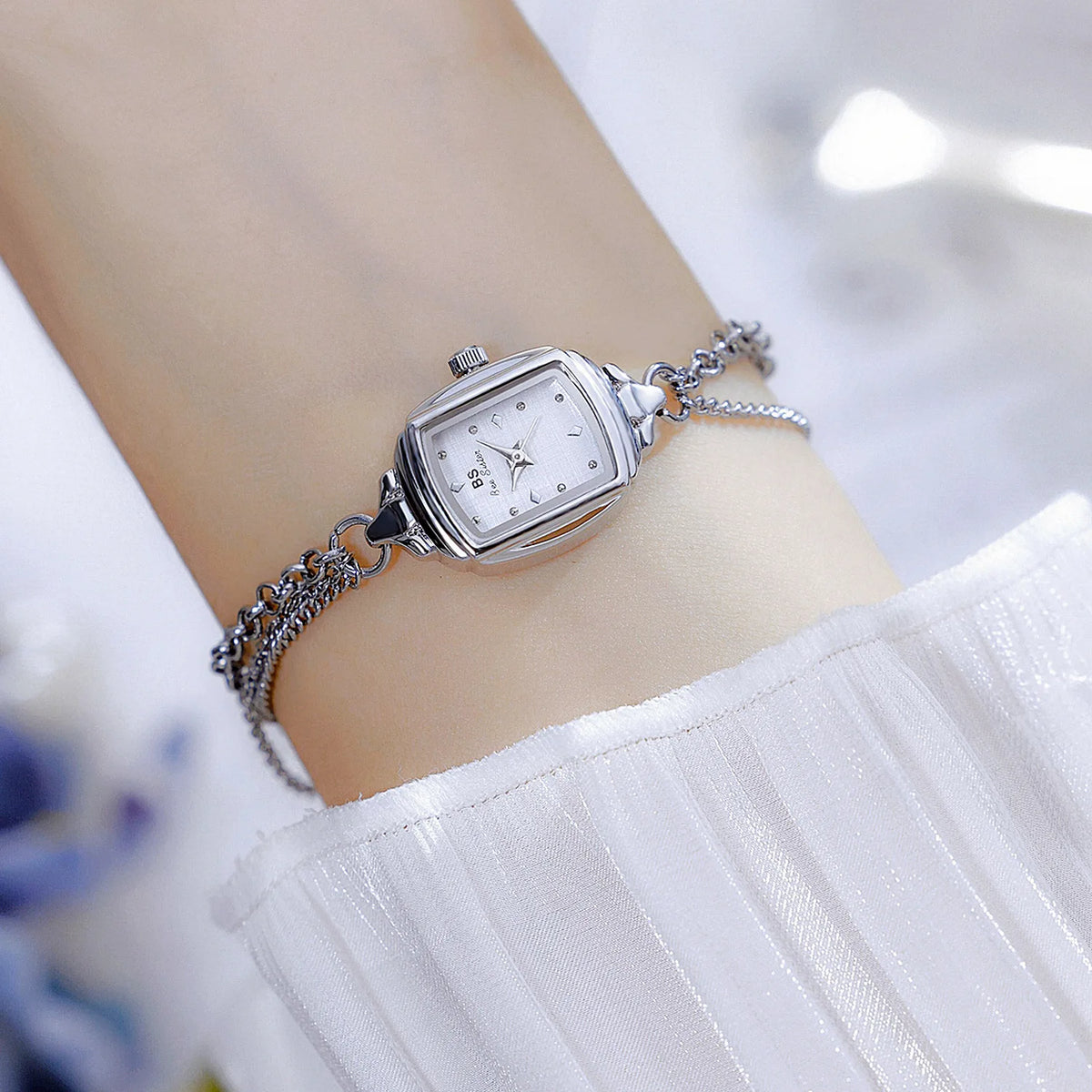 Light Blue Bracelet Watch With Silver Quartz Movement for Women