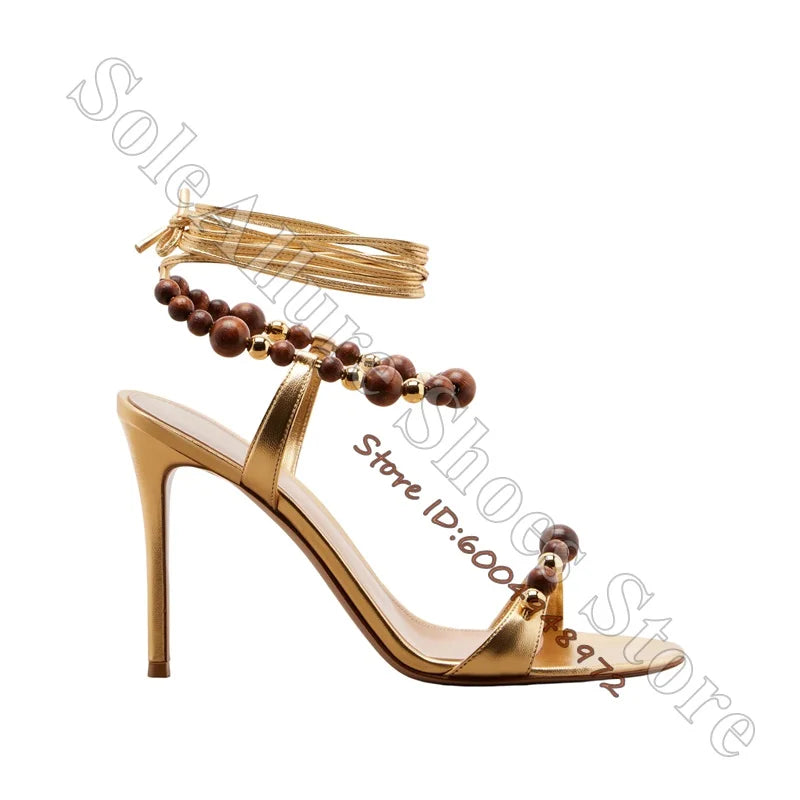 Metallic Gold Open Toe Lace Up Wood Bead Stiletto Sandals for Women
