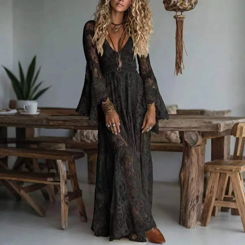 Elegant Deep V Neck Lace Embroidered Maxi Dress for Women