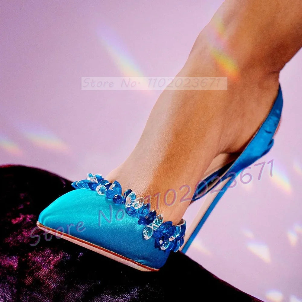 Elegant Blue Crystal Trim Satin Pointy Toe Heels For Women