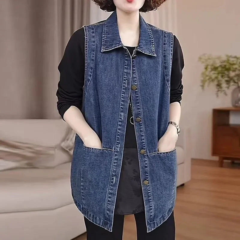 Lightweight Loose Denim Vest With Button Closure For Women