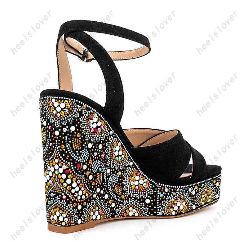 Elegant Rhinestone Square Toe Platform Wedge Sandals for Women
