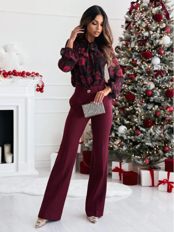 Elegant Shirts Bow Blouse Women Vintage Popular Flower Printed Slim Shirts Office Ladies Spring Autumn Fashion Long Sleeved Tops