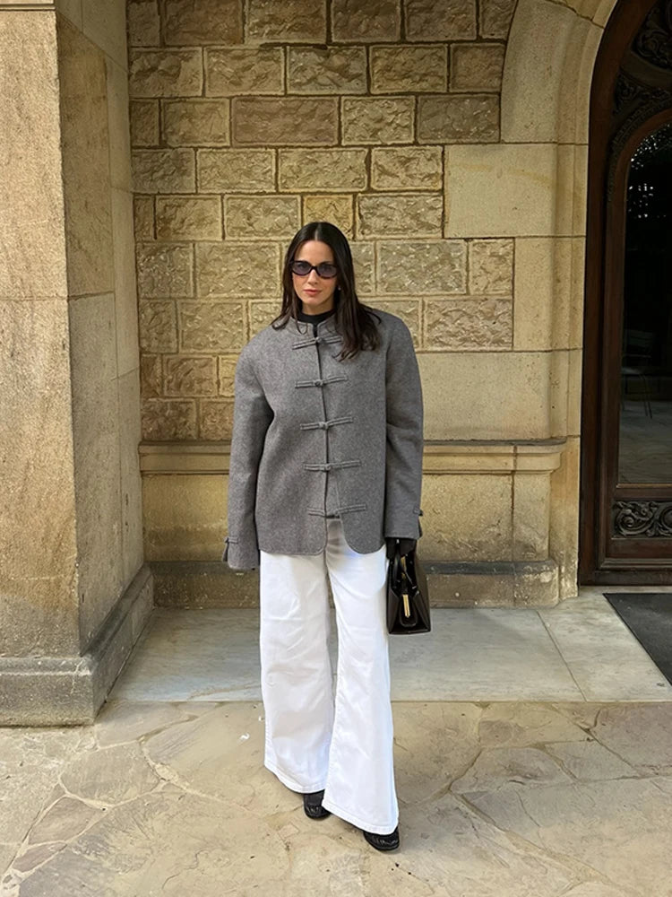 Elegant Chinese Style Single Button Long Sleeve Coat for Women