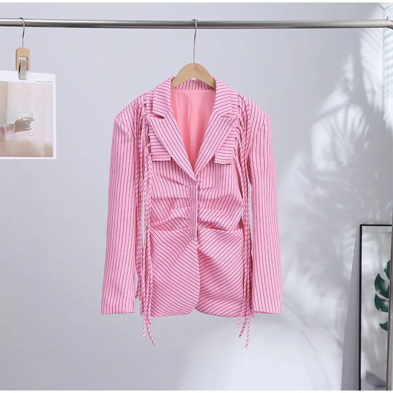 Striped Full Sleeve Blazer With Detachable Tassel Lapel for Women