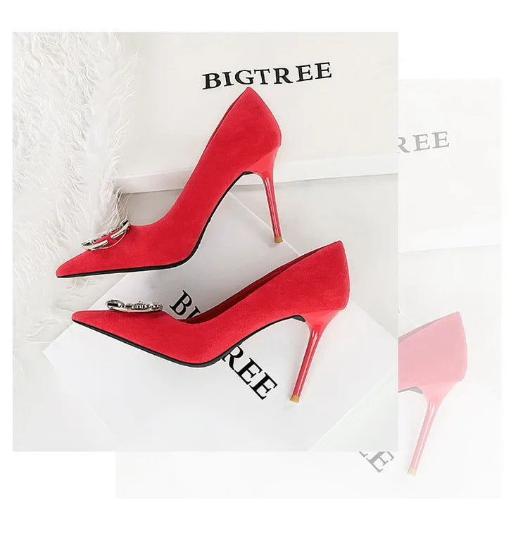 Elegant Rhinestone Buckle Suede High Heel Pumps for Women