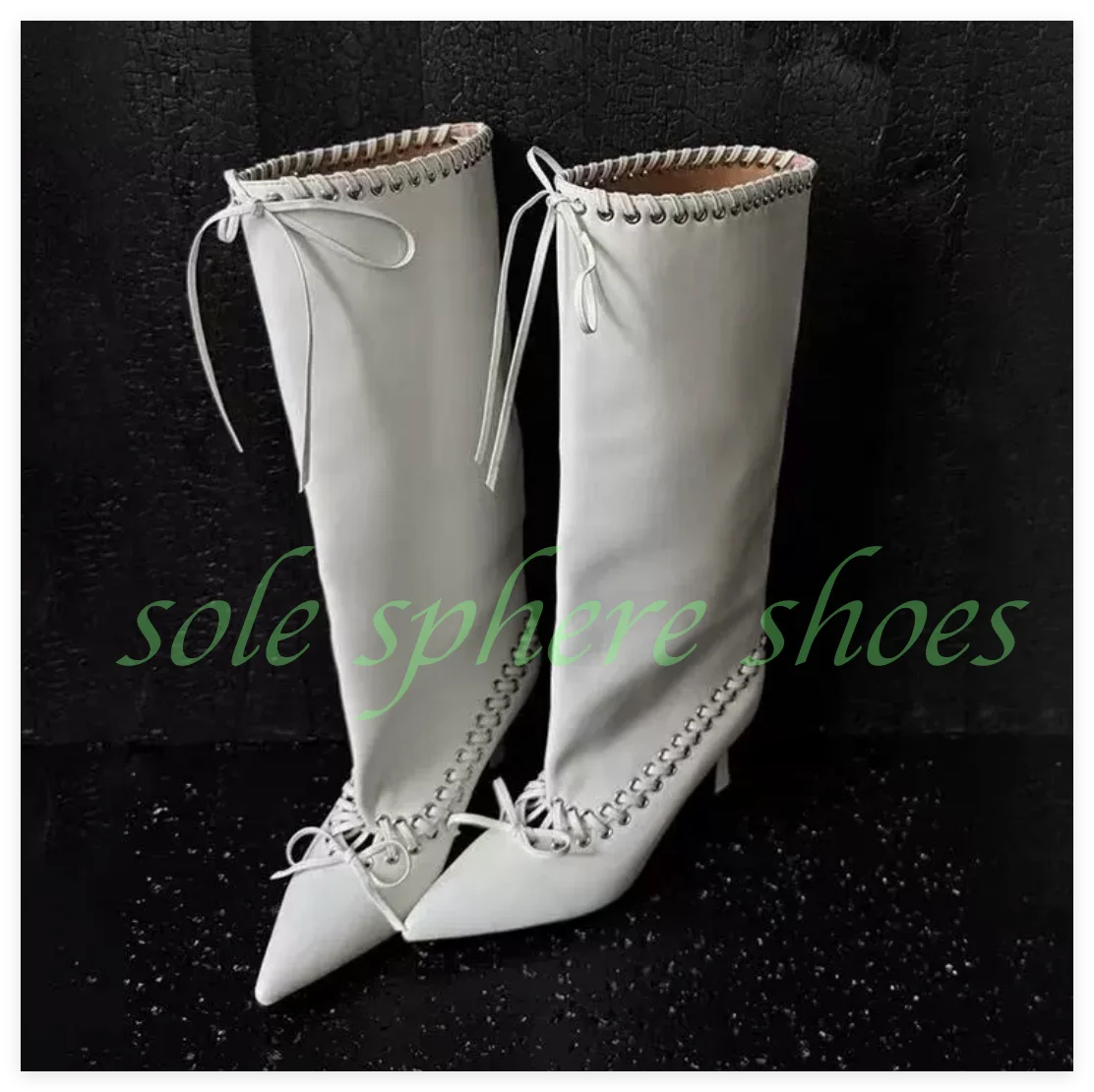 White Bowtie Pleated Punk Style Knee High Boots for Women