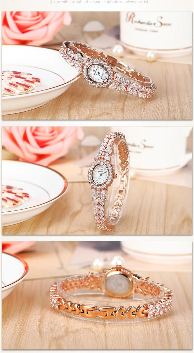 Small Luxury Prong Setting Women's Watch Fine Fashion Hours Mother of Pearl Bracelet Crystal Girl's Gift Royal Crown Box