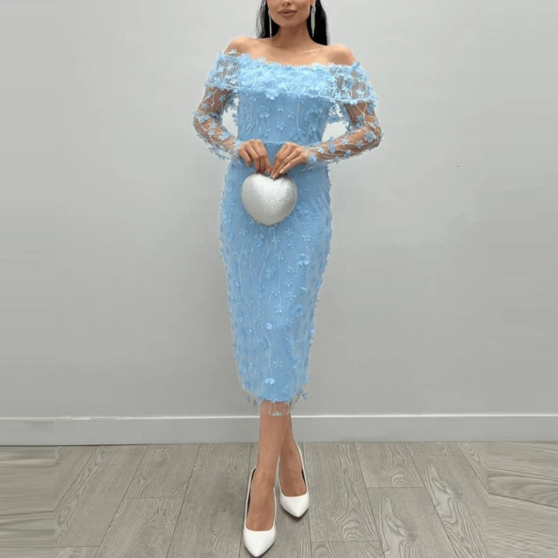 Floral Mesh Off Shoulder Slim Fit Party Long Dress for Women
